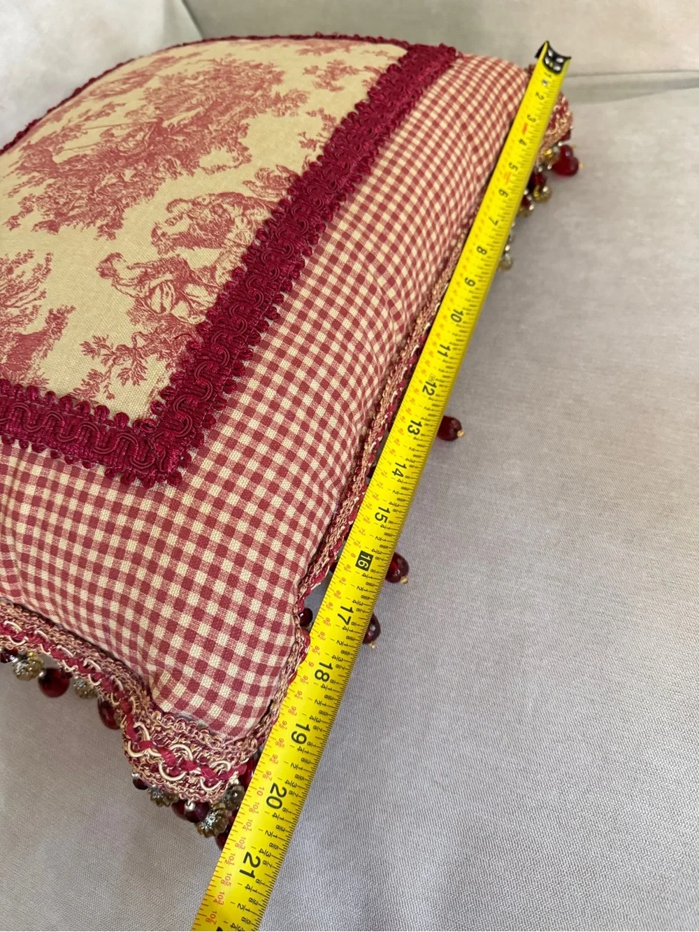 French Country Cottage Red Ivory English Toile Check Tassels Beaded Foam Pillow